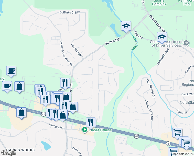 map of restaurants, bars, coffee shops, grocery stores, and more near 414 Darter Drive Northwest in Kennesaw
