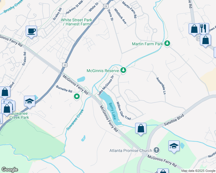 map of restaurants, bars, coffee shops, grocery stores, and more near 3603 Willow Glen Trail in Suwanee