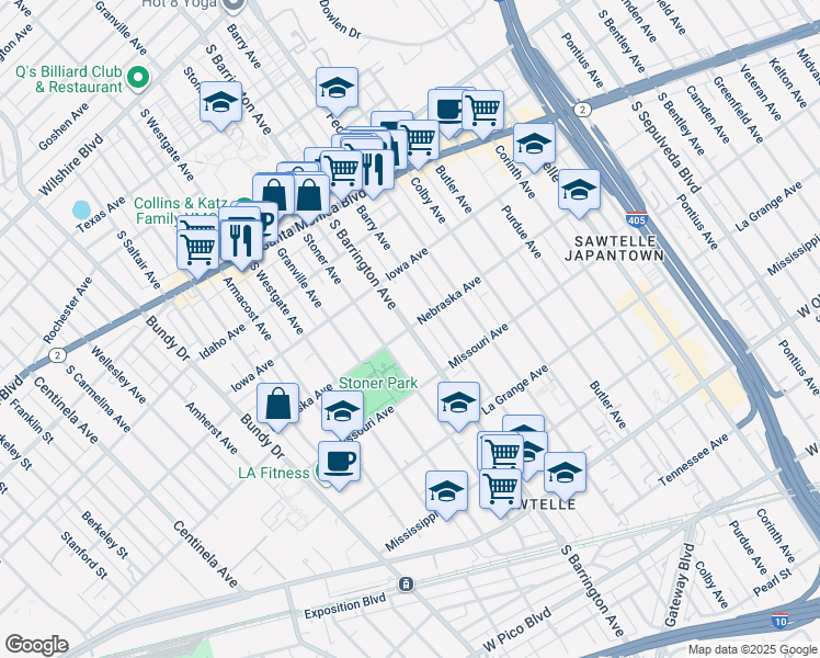 map of restaurants, bars, coffee shops, grocery stores, and more near S Barrington Ave & Nebraska Ave in Los Angeles