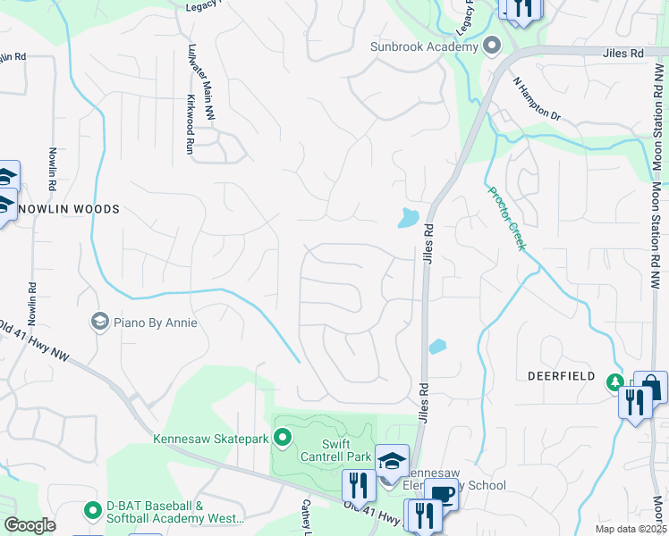map of restaurants, bars, coffee shops, grocery stores, and more near 2713 Windsor Court in Kennesaw
