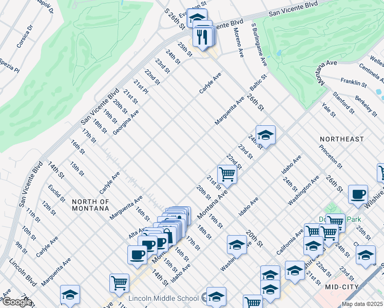 map of restaurants, bars, coffee shops, grocery stores, and more near 509 21st Street in Santa Monica