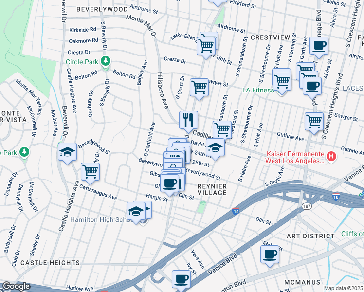 map of restaurants, bars, coffee shops, grocery stores, and more near 8970 West 24th Street in Los Angeles
