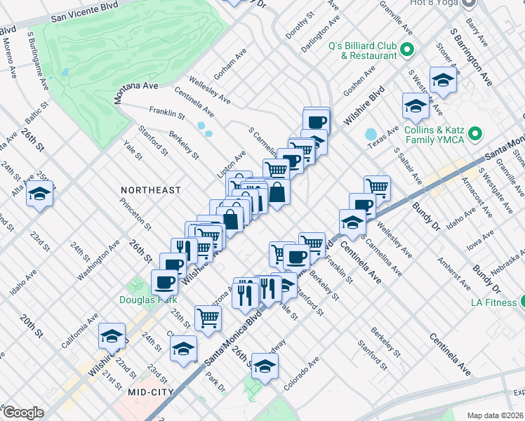 map of restaurants, bars, coffee shops, grocery stores, and more near 3017 Wilshire Boulevard in Santa Monica