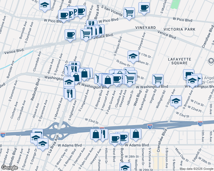 map of restaurants, bars, coffee shops, grocery stores, and more near 4739 West Washington Boulevard in Los Angeles