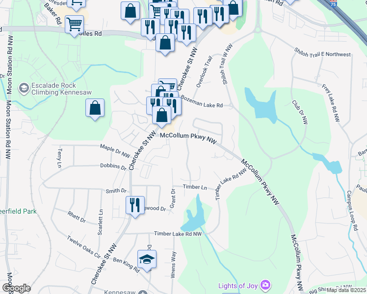 map of restaurants, bars, coffee shops, grocery stores, and more near 3540 Grant Drive in Kennesaw