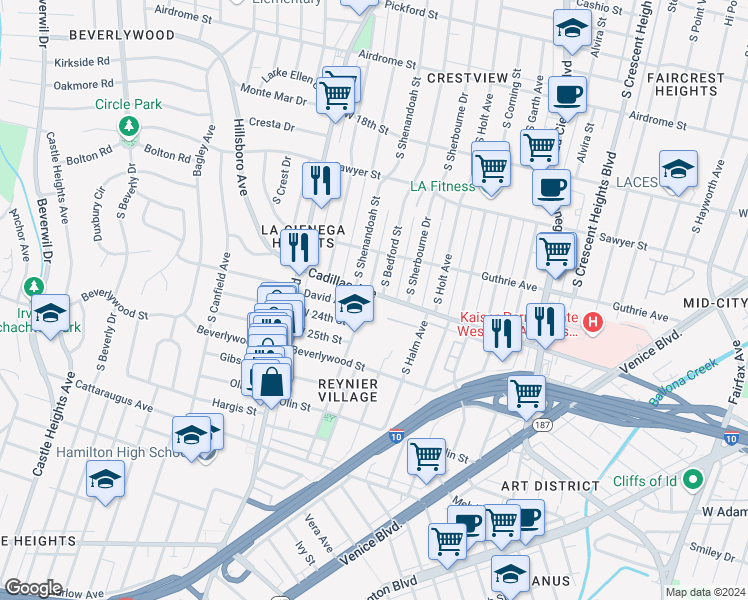map of restaurants, bars, coffee shops, grocery stores, and more near 8866 Cadillac Avenue in Los Angeles