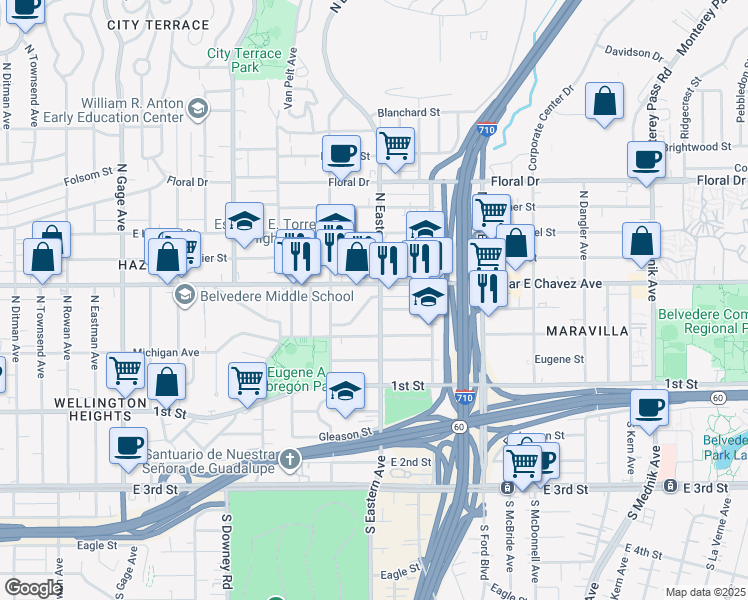map of restaurants, bars, coffee shops, grocery stores, and more near 339 North Eastern Avenue in East Los Angeles