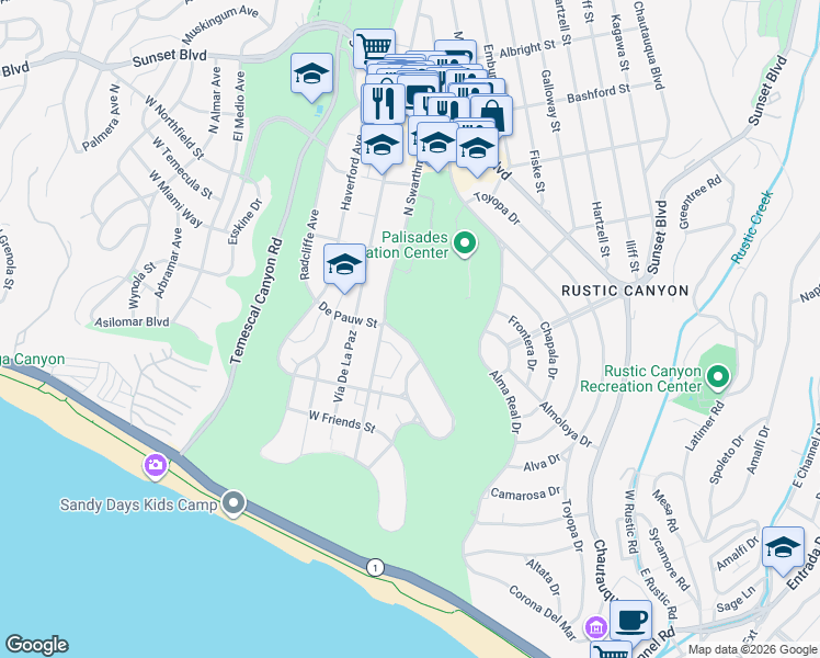 map of restaurants, bars, coffee shops, grocery stores, and more near 15329 De Pauw Street in Los Angeles