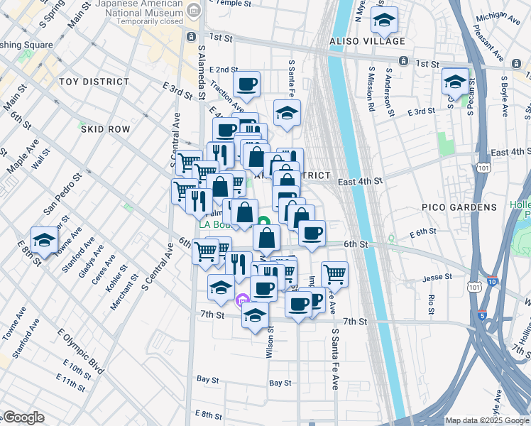 map of restaurants, bars, coffee shops, grocery stores, and more near 1240 Palmetto Street in Los Angeles