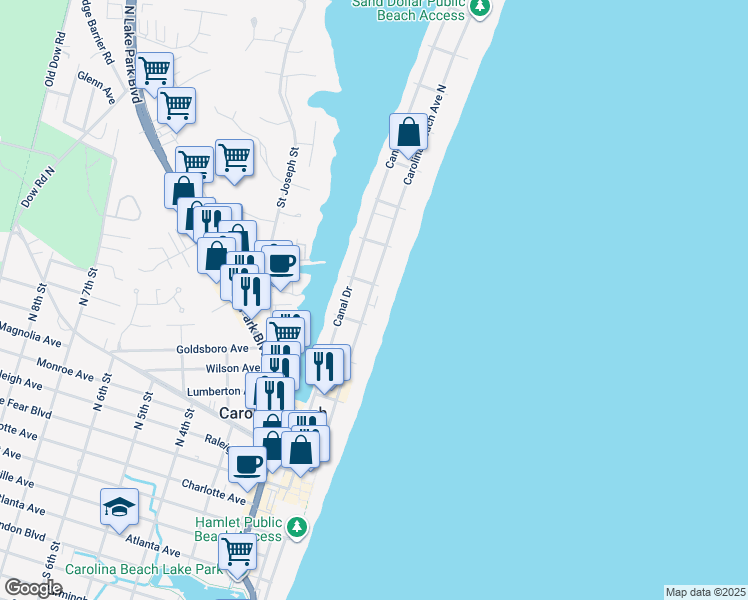 map of restaurants, bars, coffee shops, grocery stores, and more near 512 Carolina Beach Avenue North in Carolina Beach