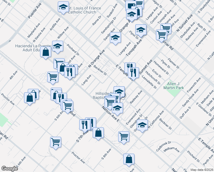 map of restaurants, bars, coffee shops, grocery stores, and more near 431 Cabana Avenue in La Puente