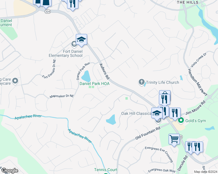 map of restaurants, bars, coffee shops, grocery stores, and more near 2757 Rocky Trail Court in Dacula