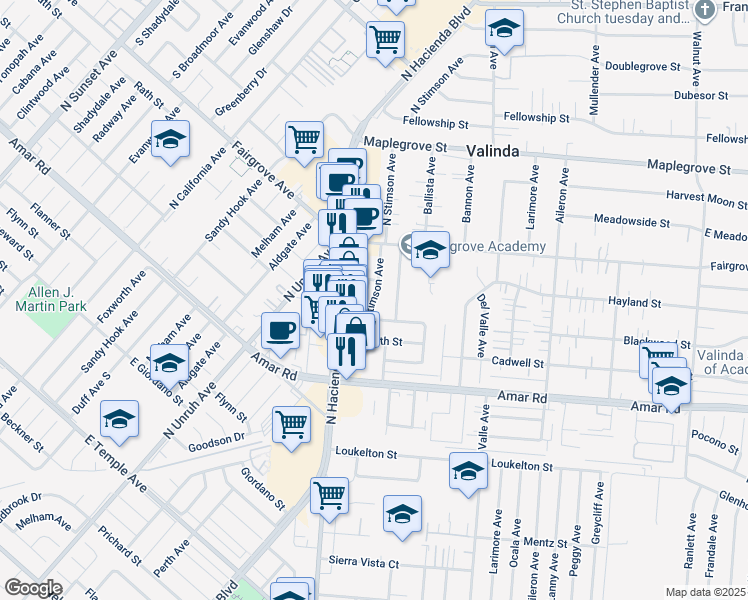 map of restaurants, bars, coffee shops, grocery stores, and more near 15509 Blackwood Street in La Puente
