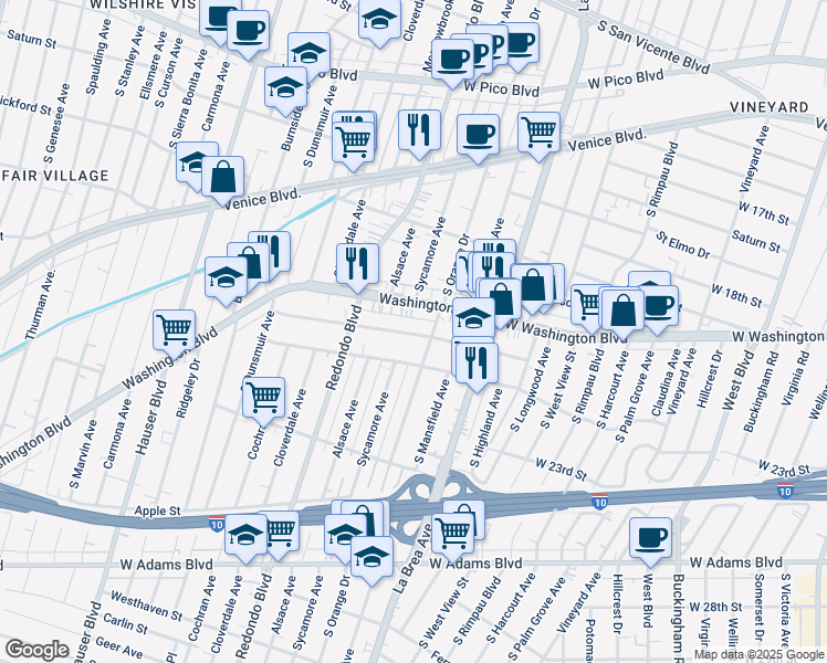 map of restaurants, bars, coffee shops, grocery stores, and more near 5107 West 21st Street in Los Angeles