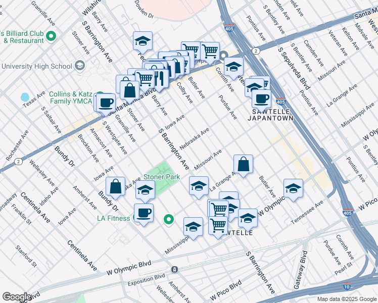 map of restaurants, bars, coffee shops, grocery stores, and more near 1824 South Barrington Avenue in Los Angeles