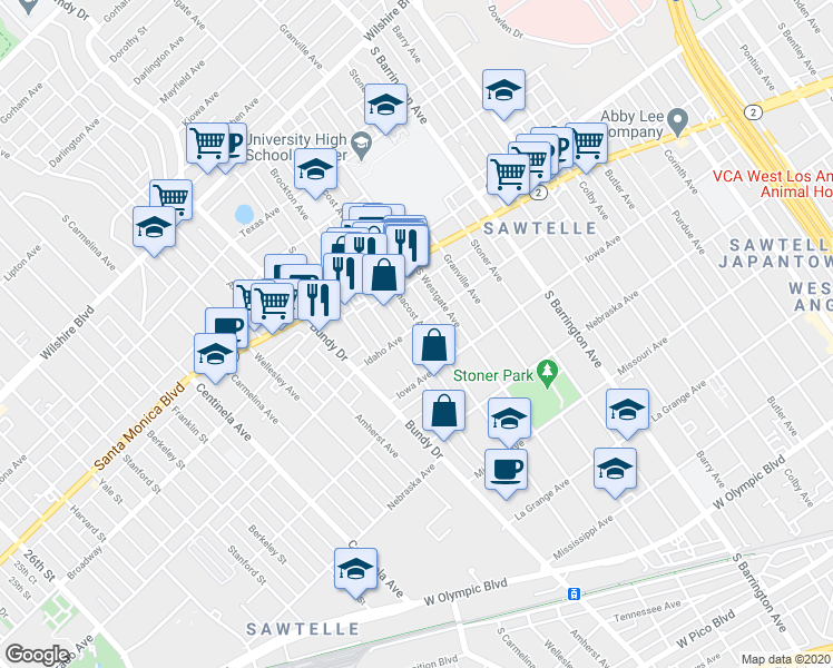 map of restaurants, bars, coffee shops, grocery stores, and more near 1606 Brockton Avenue in Los Angeles