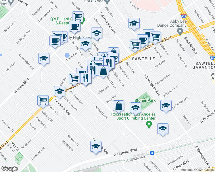 map of restaurants, bars, coffee shops, grocery stores, and more near 1606 Brockton Avenue in Los Angeles