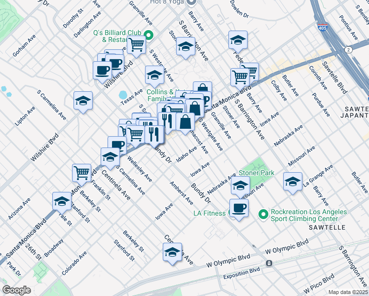 map of restaurants, bars, coffee shops, grocery stores, and more near 1558 South Bundy Drive in Los Angeles