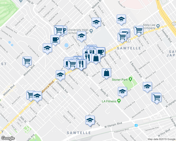 map of restaurants, bars, coffee shops, grocery stores, and more near 1558 South Bundy Drive in Los Angeles