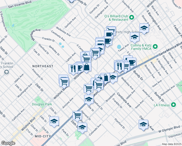 map of restaurants, bars, coffee shops, grocery stores, and more near 1257 Franklin Street in Santa Monica