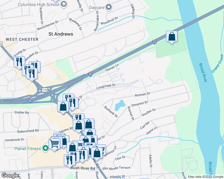 map of restaurants, bars, coffee shops, grocery stores, and more near 1535 Romain Drive in Columbia