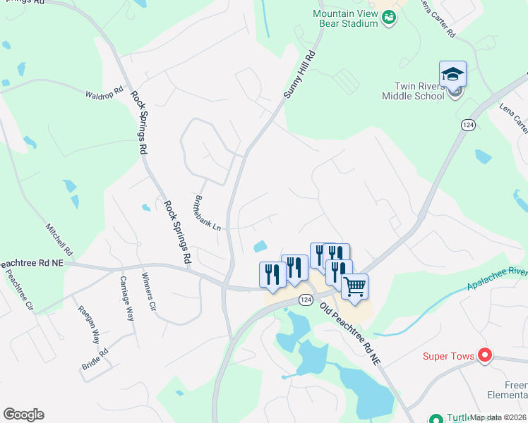 map of restaurants, bars, coffee shops, grocery stores, and more near 2038 Shanaya Trail in Lawrenceville