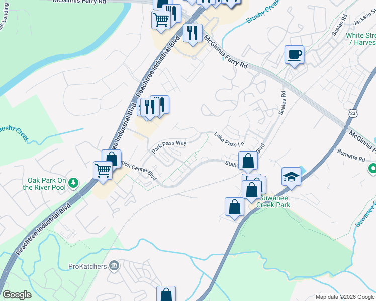 map of restaurants, bars, coffee shops, grocery stores, and more near 1240 Park Pass Row in Suwanee