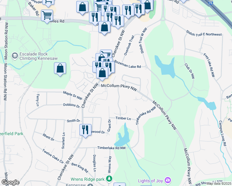 map of restaurants, bars, coffee shops, grocery stores, and more near 3573 Kennesaw Station Drive in Kennesaw