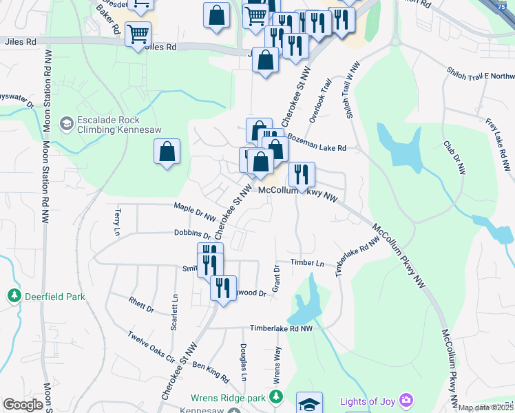 map of restaurants, bars, coffee shops, grocery stores, and more near 3562 Russell Drive in Kennesaw