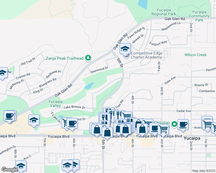 map of restaurants, bars, coffee shops, grocery stores, and more near 34333 Forest Oaks Drive in Yucaipa