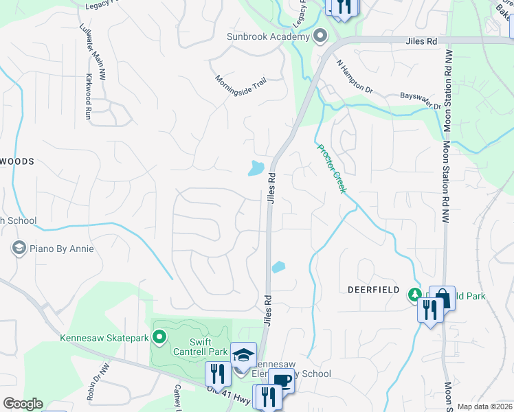 map of restaurants, bars, coffee shops, grocery stores, and more near 3511 English Oaks Drive Northwest in Kennesaw