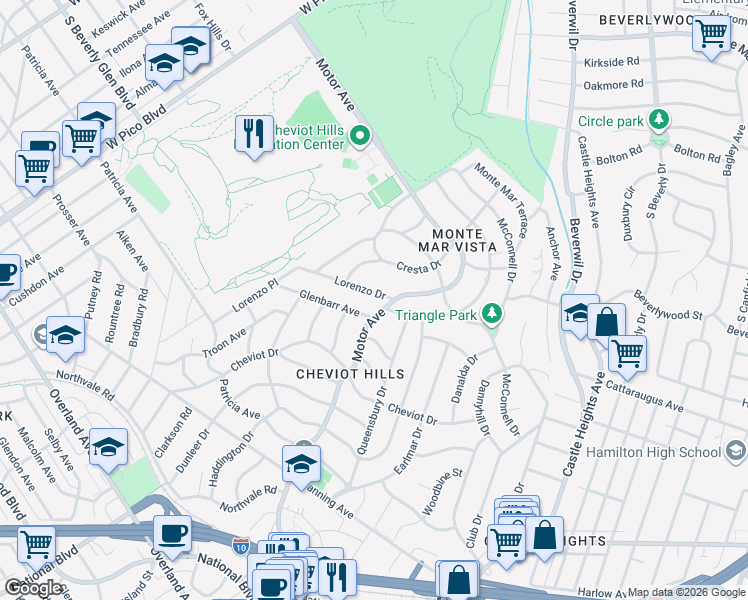 map of restaurants, bars, coffee shops, grocery stores, and more near 10316 Lorenzo Drive in Los Angeles