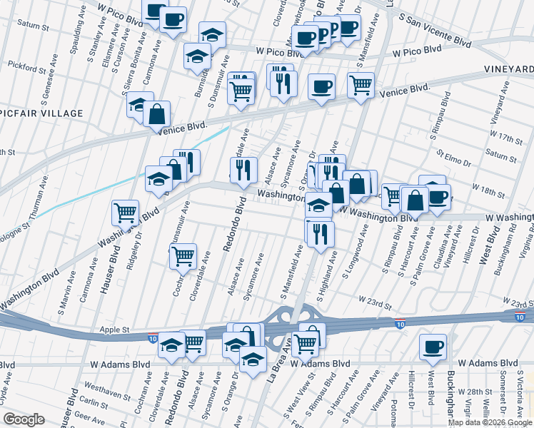 map of restaurants, bars, coffee shops, grocery stores, and more near 20th Street in Los Angeles