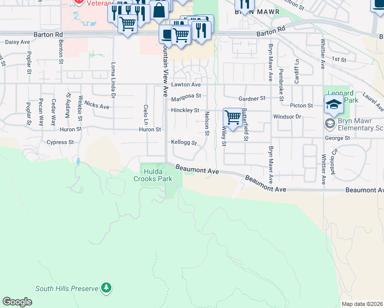 map of restaurants, bars, coffee shops, grocery stores, and more near 11760 Nelson Street in Loma Linda