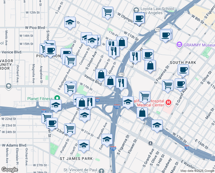 map of restaurants, bars, coffee shops, grocery stores, and more near 830 Venice Boulevard in Los Angeles