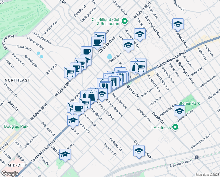 map of restaurants, bars, coffee shops, grocery stores, and more near 12237 Santa Monica Boulevard in Los Angeles