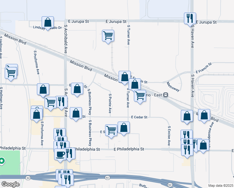 map of restaurants, bars, coffee shops, grocery stores, and more near 3095 East Cedar Street in Ontario