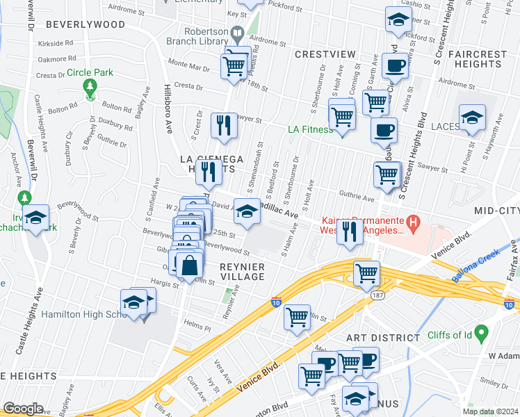 map of restaurants, bars, coffee shops, grocery stores, and more near 8866 Cadillac Avenue in Los Angeles