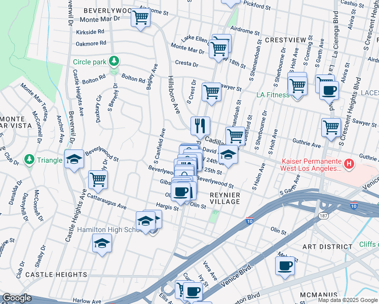 map of restaurants, bars, coffee shops, grocery stores, and more near 9015 West 24th Street in Los Angeles