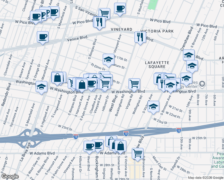 map of restaurants, bars, coffee shops, grocery stores, and more near 5018 Pickford Street in Los Angeles