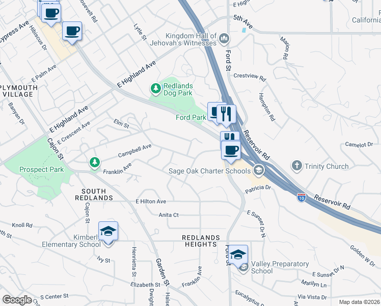 map of restaurants, bars, coffee shops, grocery stores, and more near 499 Summit Avenue in Redlands