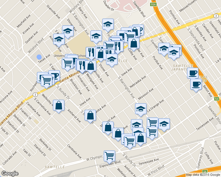 map of restaurants, bars, coffee shops, grocery stores, and more near 1710 Granville Avenue in Los Angeles