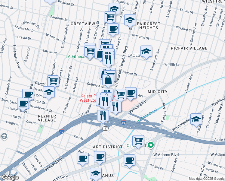 map of restaurants, bars, coffee shops, grocery stores, and more near 2011 Stearns Drive in Los Angeles