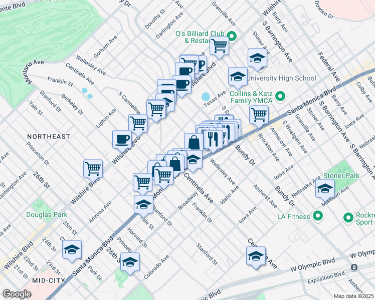 map of restaurants, bars, coffee shops, grocery stores, and more near 1352 South Carmelina Avenue in Los Angeles
