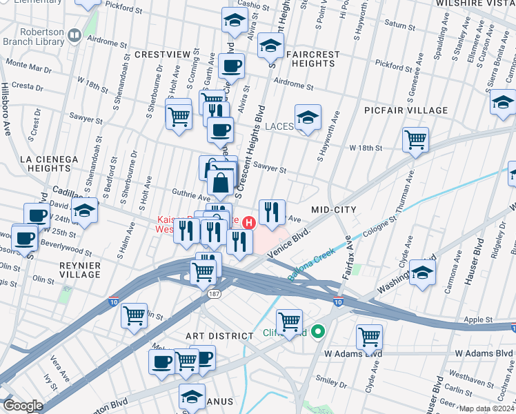 map of restaurants, bars, coffee shops, grocery stores, and more near 1972 Stearns Drive in Los Angeles