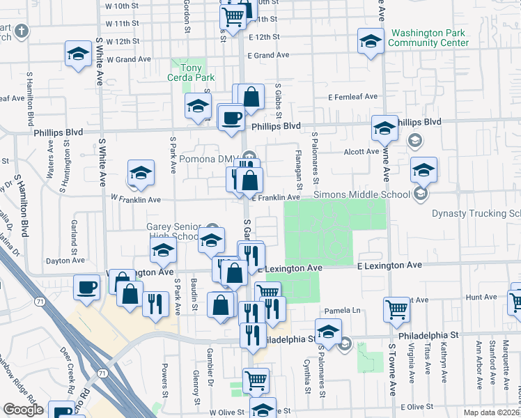 map of restaurants, bars, coffee shops, grocery stores, and more near 160 East Franklin Avenue in Pomona