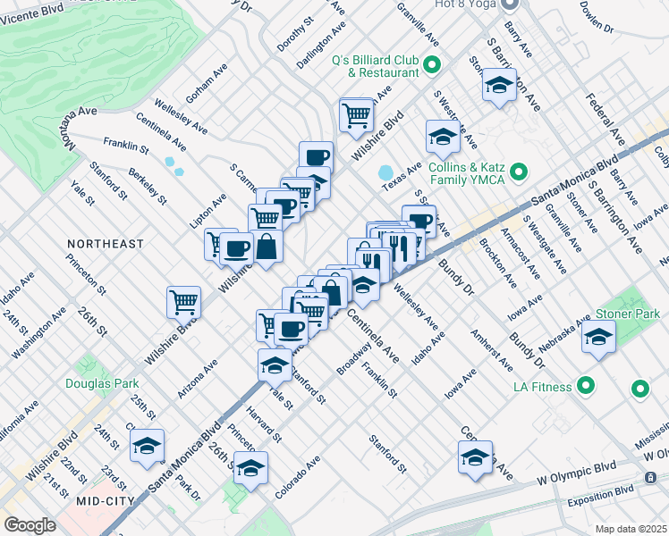 map of restaurants, bars, coffee shops, grocery stores, and more near 1323 South Carmelina Avenue in Los Angeles