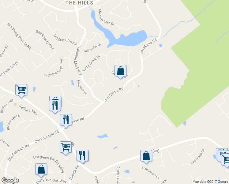 map of restaurants, bars, coffee shops, grocery stores, and more near 3242 Jim Moore Road in Dacula