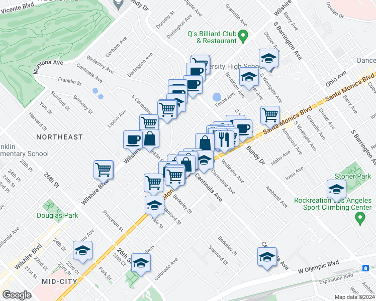 map of restaurants, bars, coffee shops, grocery stores, and more near 1323 South Carmelina Avenue in Los Angeles