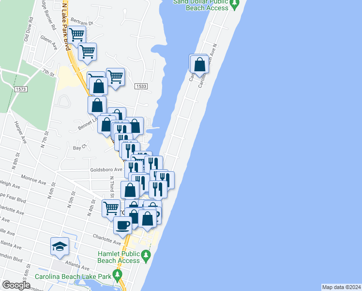 map of restaurants, bars, coffee shops, grocery stores, and more near 512 Carolina Beach Avenue North in Carolina Beach